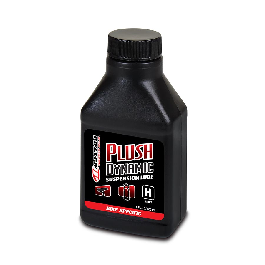 Maxima Racing Oils Plush Dynamic Heavy Fork Suspension Oil in 120ml bottle, designed for optimal motorcycle fork performance