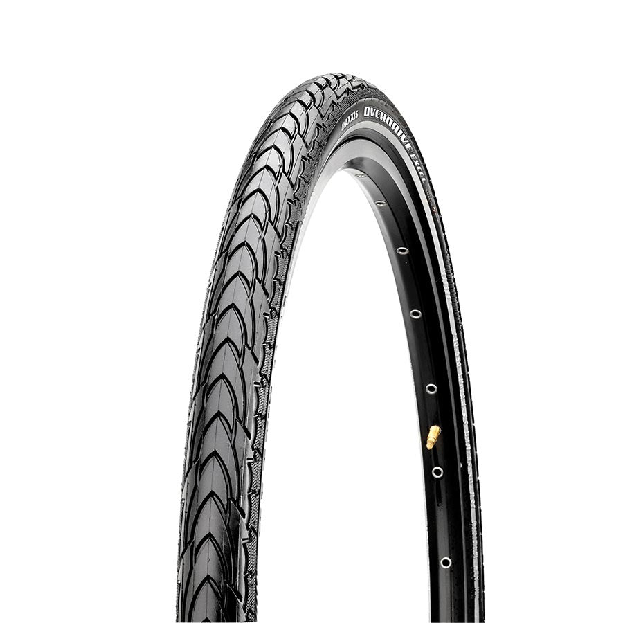 Maxxis Overdrive Excel hybrid tire, 700x40c wire clincher with SilkShield, reflective strip, black rubber, 60 TPI for cycling.