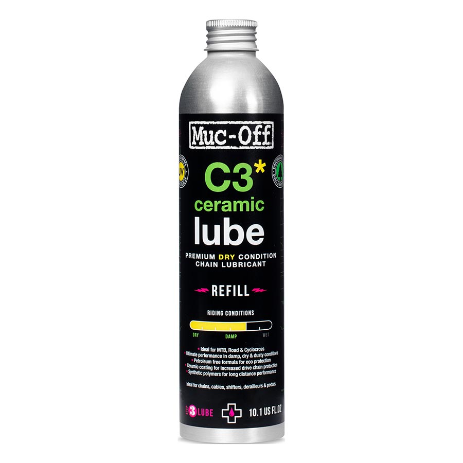 Muc-Off C3 Dry Ceramic Lubricant 50ml bottle with UV torch, designed for bike chain protection and smooth operation.
