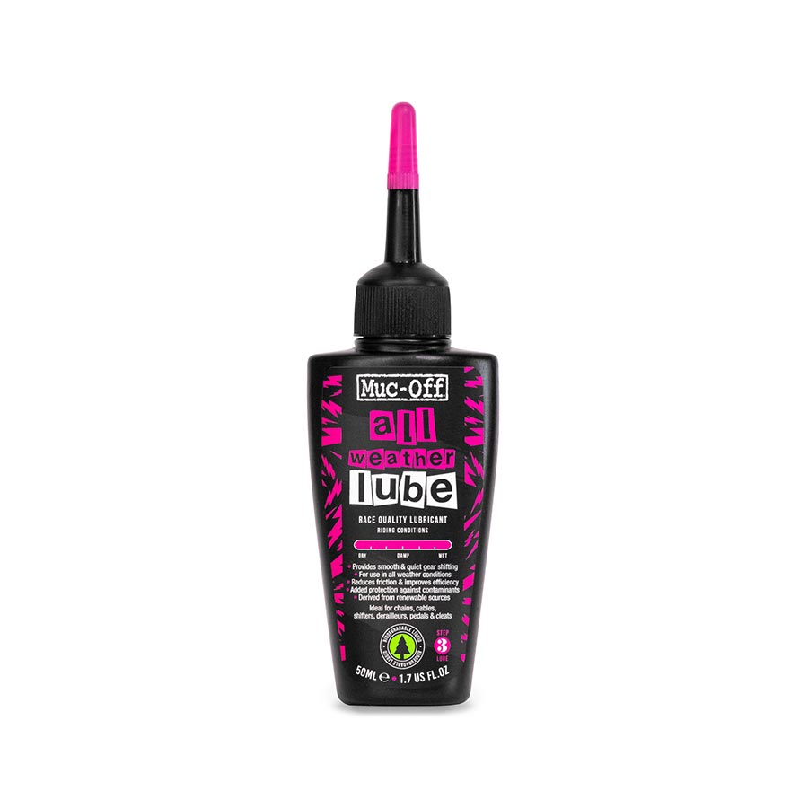 Muc-Off All Weather lubricant bottle, 50ml, designed for bike chains and components, suitable for various weather conditions.