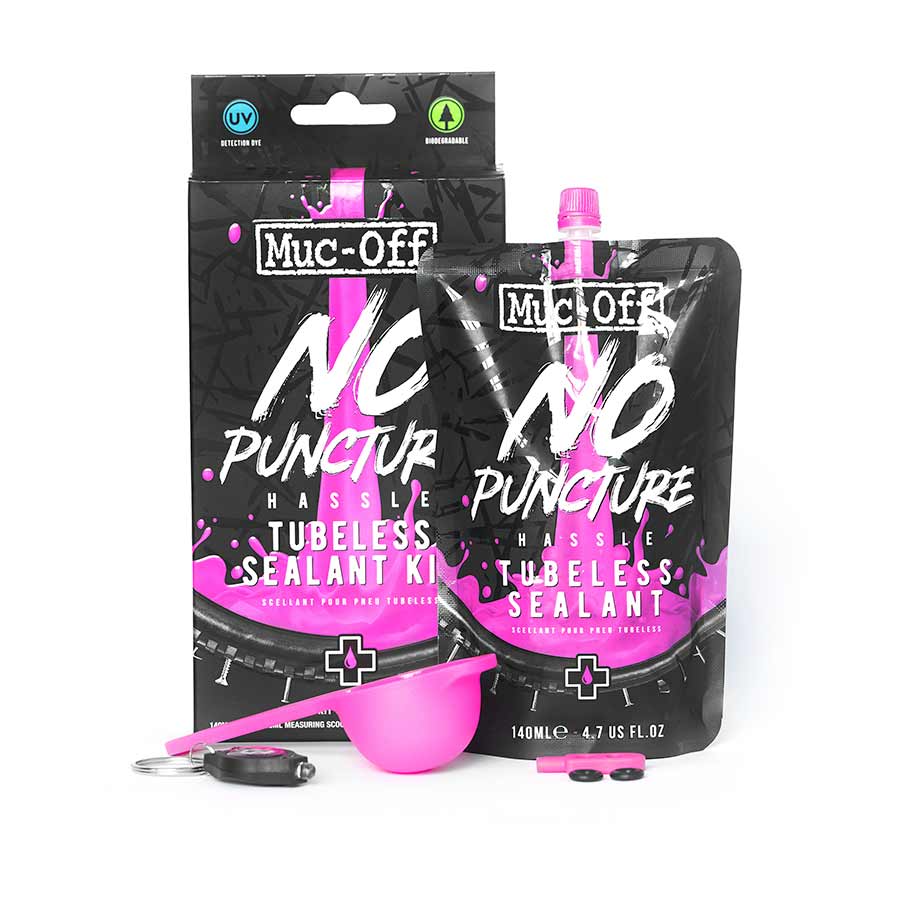 Muc-Off No Puncture Hassle Tubeless Sealant in a 1L bottle, designed for MTB tubeless tires, preventing punctures and sealing leaks.