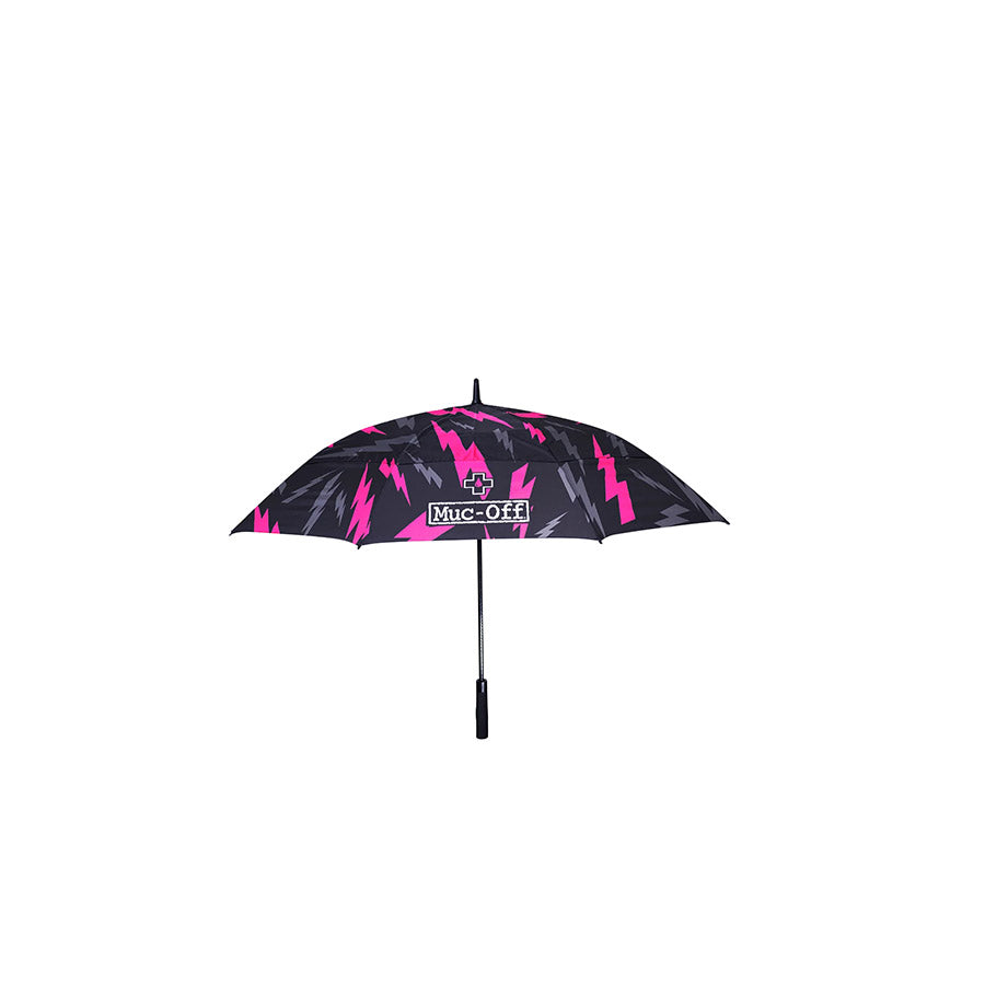 Muc-Off Bolt umbrella with black canopy and colorful logo, compact and lightweight for rain protection.