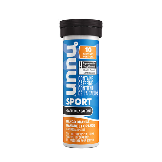 Nuun Sport with Caffeine drink mix box featuring orange mango flavor, 8 packets for hydration and energy.