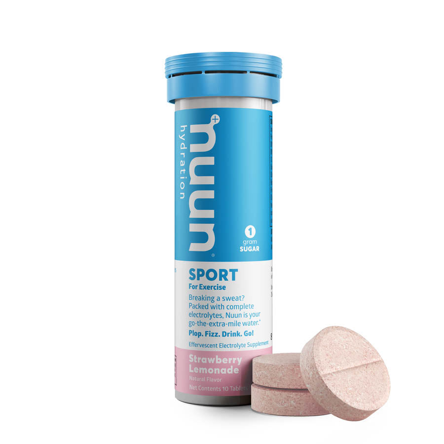 Nuun Sport Tri-Berry drink mix box with 8 servings, colorful packets showing fruit flavors for hydration and energy.