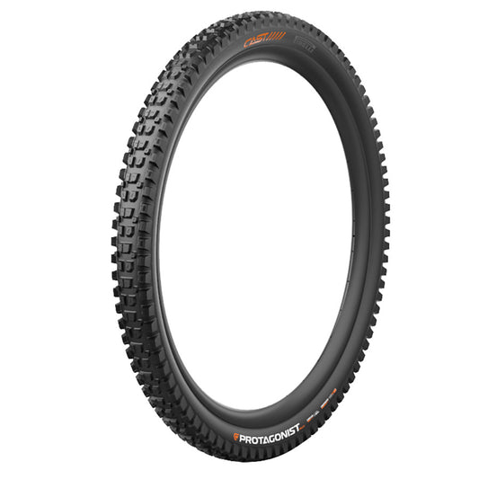 Pirelli CAST Protagonist mountain tires with dual wall casing, black rubber, mounted on a wheel for off-road cycling.