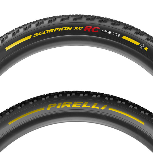 Pirelli Scorpion Race XC RC mountain bike tires in black, lightweight design with 120 TPI for off-road cycling.