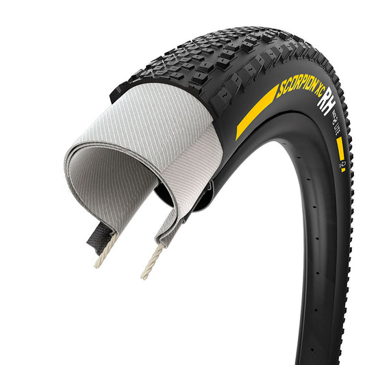 Pirelli Scorpion Race XC RH mountain tire with black rubber and lightweight 120 TPI casing, designed for cross-country biking.