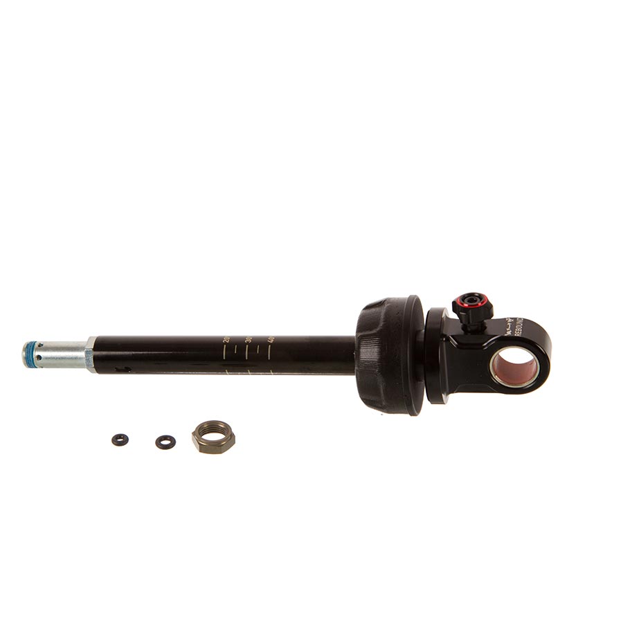 RockShox Super Deluxe Coil Damper Shaft for shock repair, showing the 55mm shaft with bearing eyelet and repair parts.