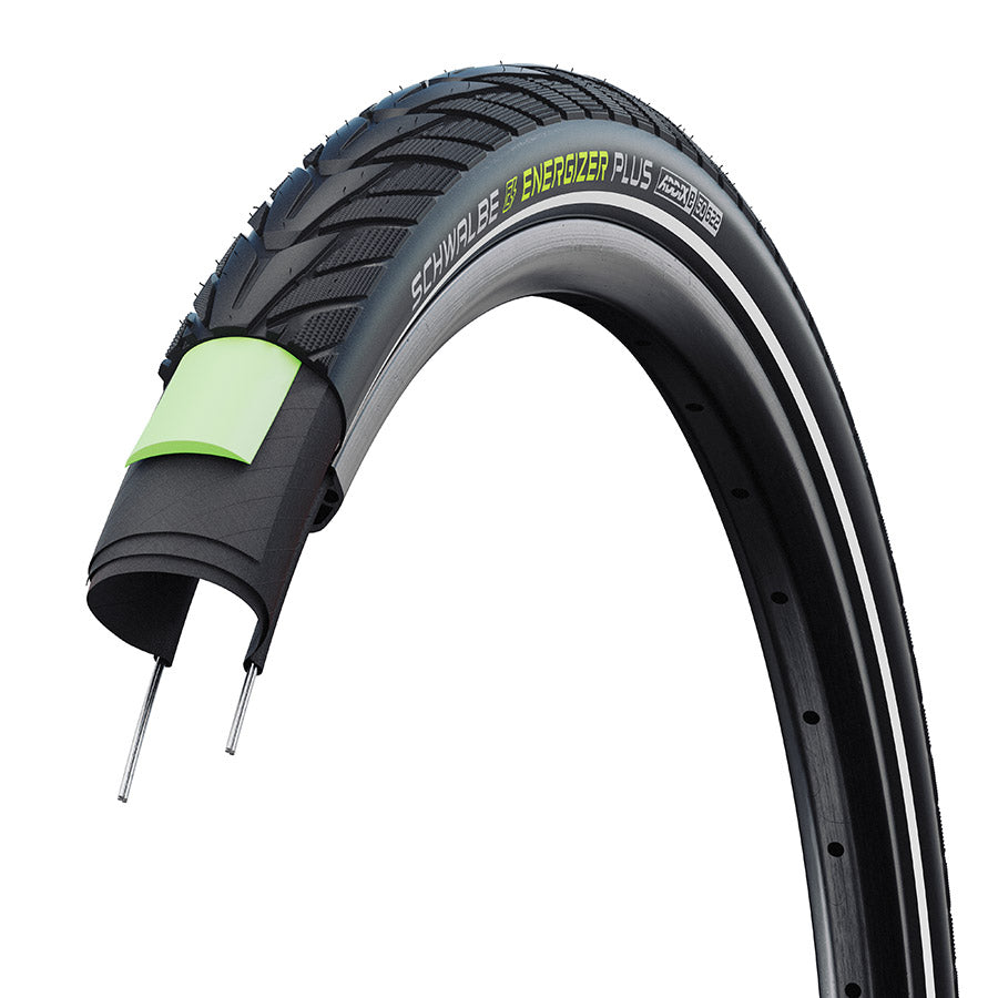 Schwalbe Energizer Plus mountain tire with 700x35c size, black wire clincher, Addix E-Greenguard, Reflex tread, 67 TPI for mountain biking