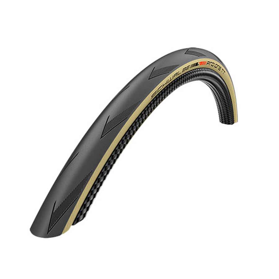 Schwalbe Pro One TT 700x25c road tire with tanwall, tubeless-ready, Addix Race compound, folding design, 127 TPI for performance cycling.