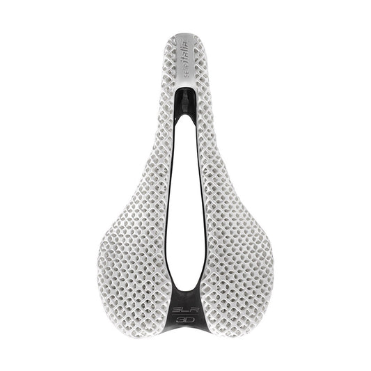White Selle Italia SLR 3D road saddle for men, lightweight 145mm bike seat with 129g weight and ergonomic design.