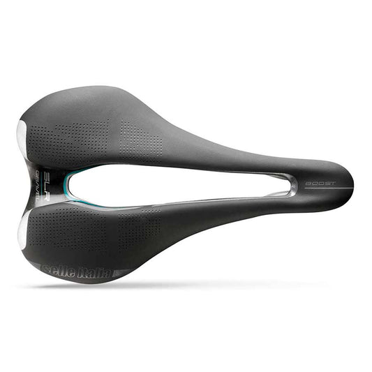 Selle Italia SLR Boost Gravel Superflow saddle, black with hi-viz accents, lightweight design for gravel and cyclocross riding.