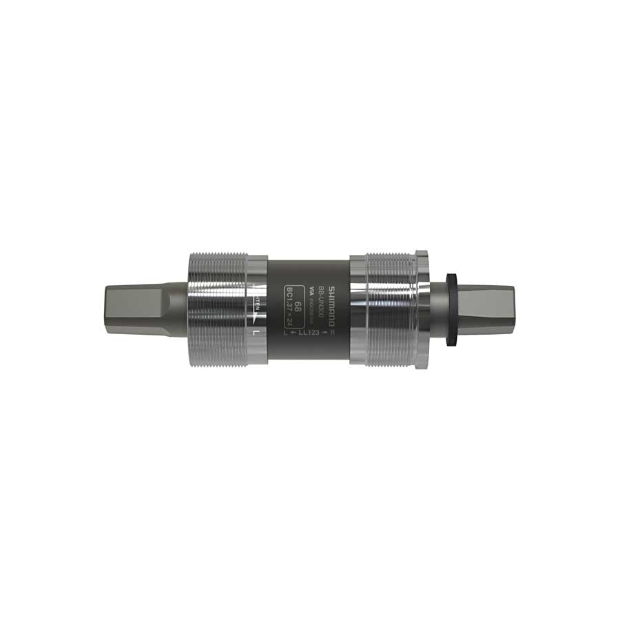 Shimano BB-UN300 square taper bottom bracket in silver, 68mm spindle length, compatible with bicycle cranksets.