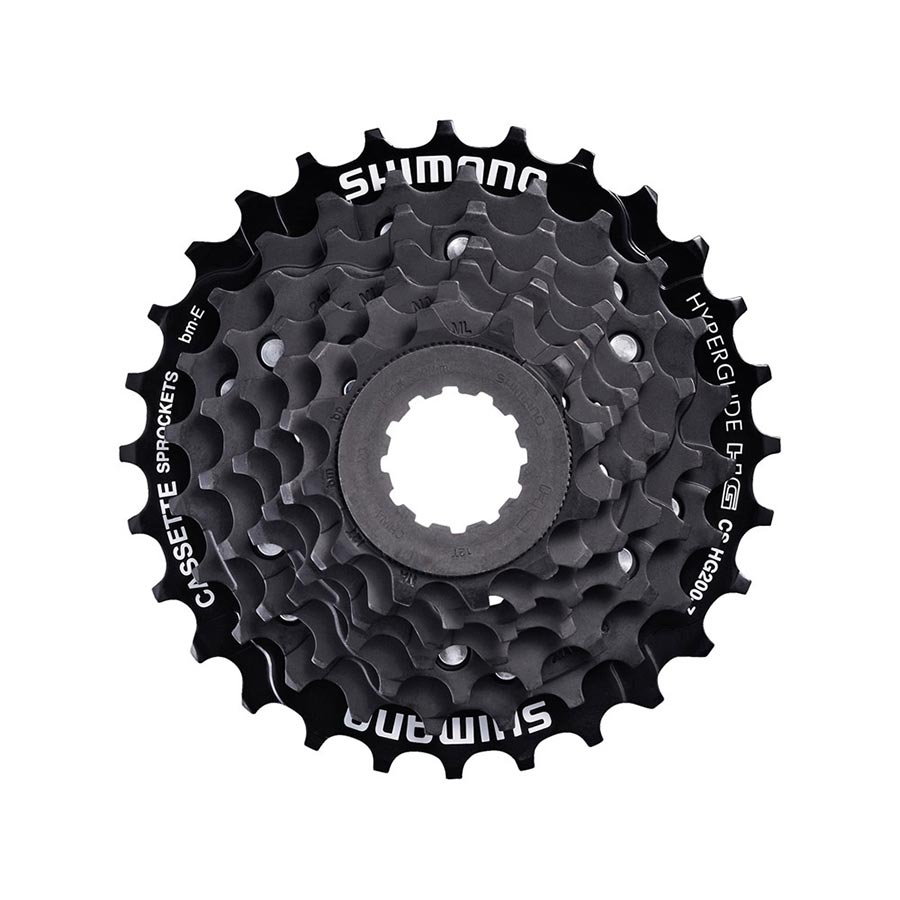 Shimano CS-HG200-7 12-28T bicycle cassette with metal sprockets for smooth shifting and durability.