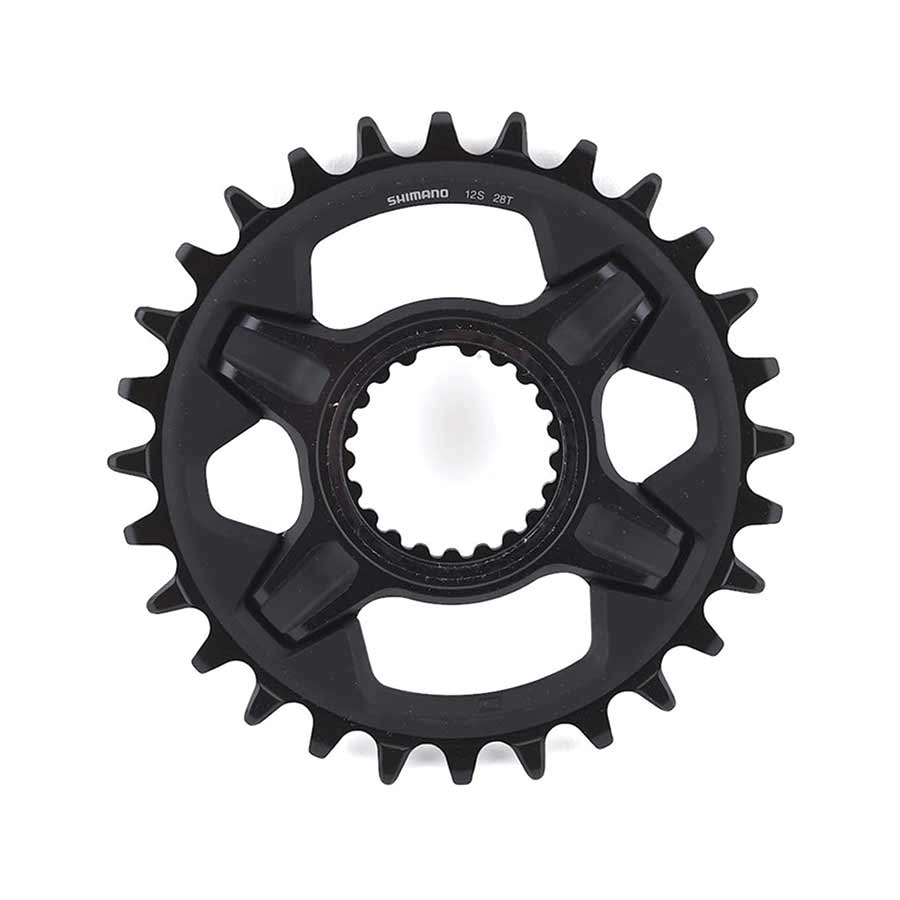 Shimano XT SM-CRM85 28-tooth chainrings set with black aluminum composite steel construction for 12-speed direct mount bikes.