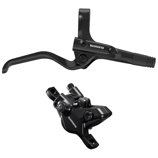 Shimano CUES BL-UR405 and BR-MT410 MTB hydraulic disc brakes with front post mount, black finish, compatible with 140-203mm rotors.