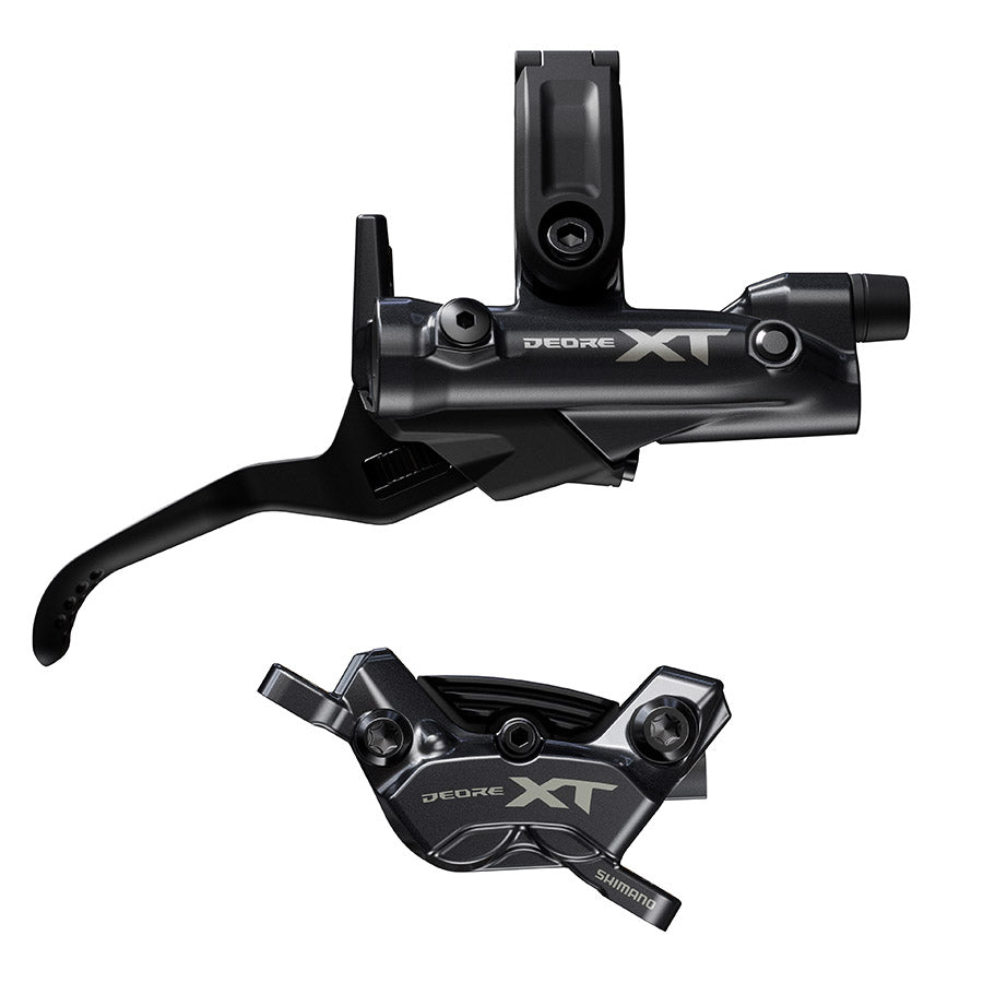 Shimano Deore XT MTB hydraulic disc brake set, left black brake lever and caliper for mountain biking.