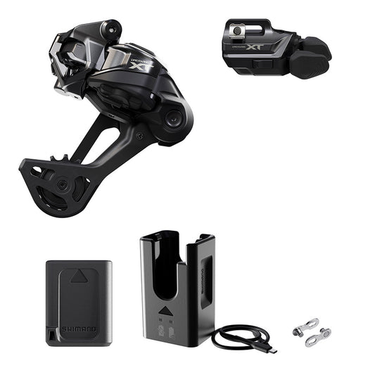 Shimano Deore XT Di2 RD-M8250 MTB rear derailleur kit with black SGS clamp band for smooth gear shifting on mountain bikes.