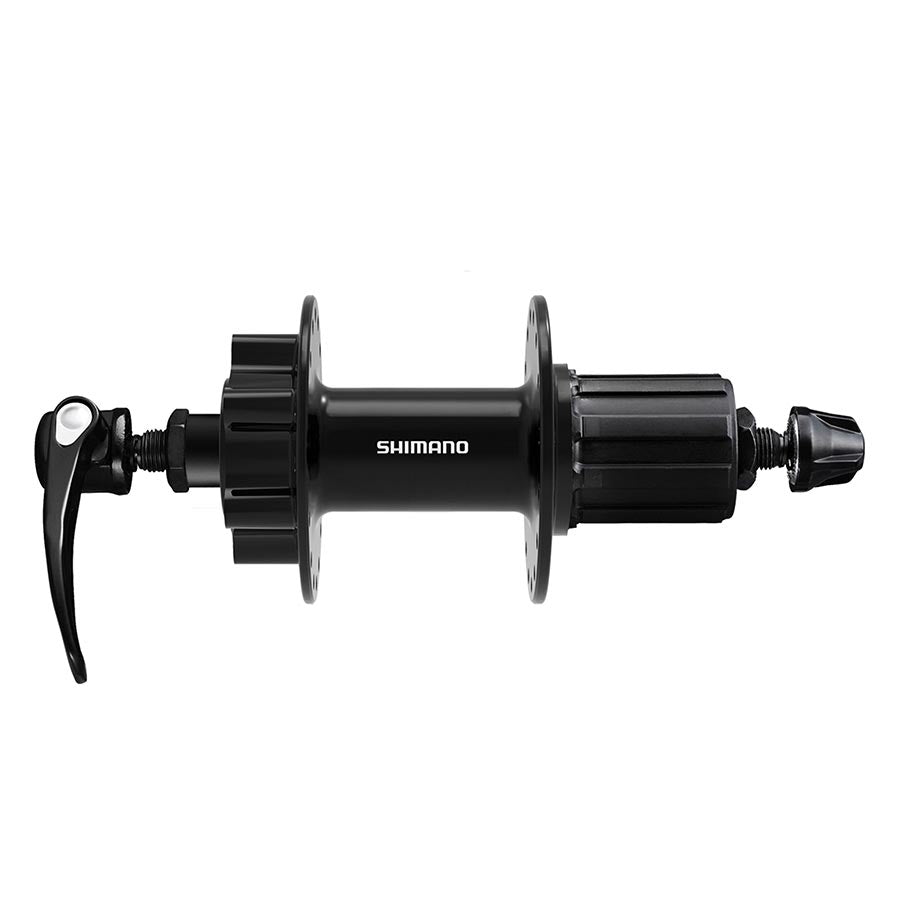 Shimano FH-QB400 32H quick-release disc hub with 6-bolt rotor mount in black, 135mm axle width for bicycle wheels.