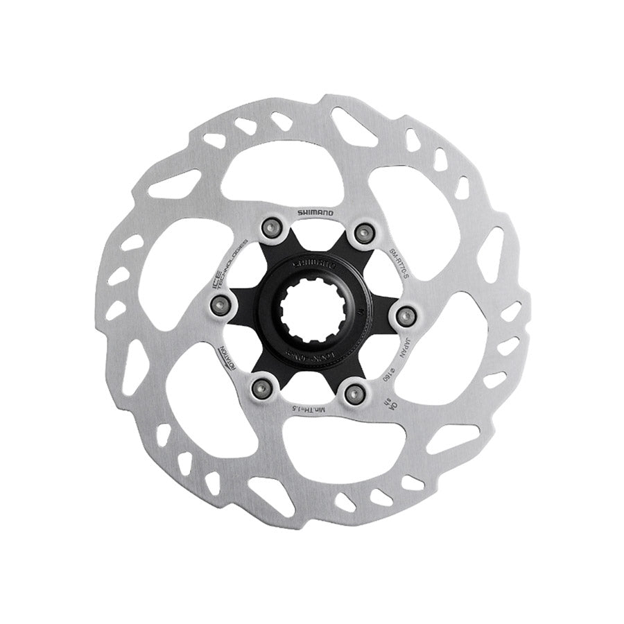 Shimano SM-RT70 disc rotor for bikes, 203mm center-lock, stainless steel braking surface, mounted on a bicycle wheel.