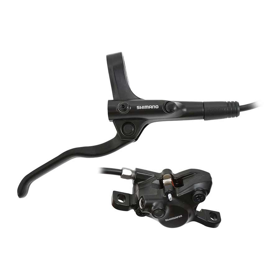 Shimano BL-MT200 and BR-MT200 MTB hydraulic disc brake set with black finish, front post-mount for mountain biking.