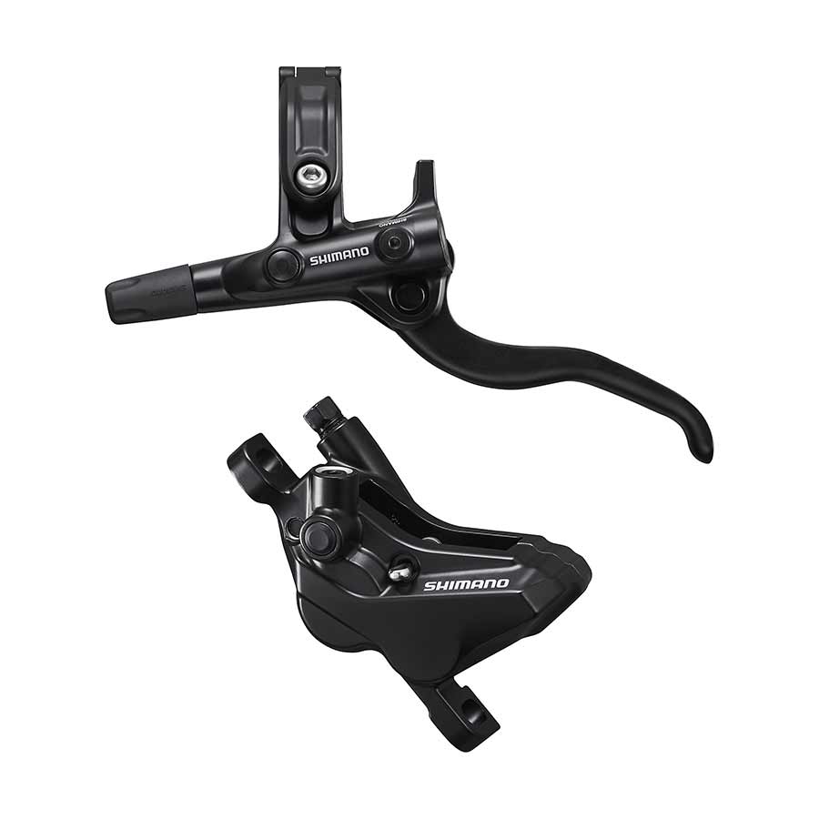 Shimano Deore MTB hydraulic disc brake set with front post mount, black finish, includes brake lever and caliper, disc not included.