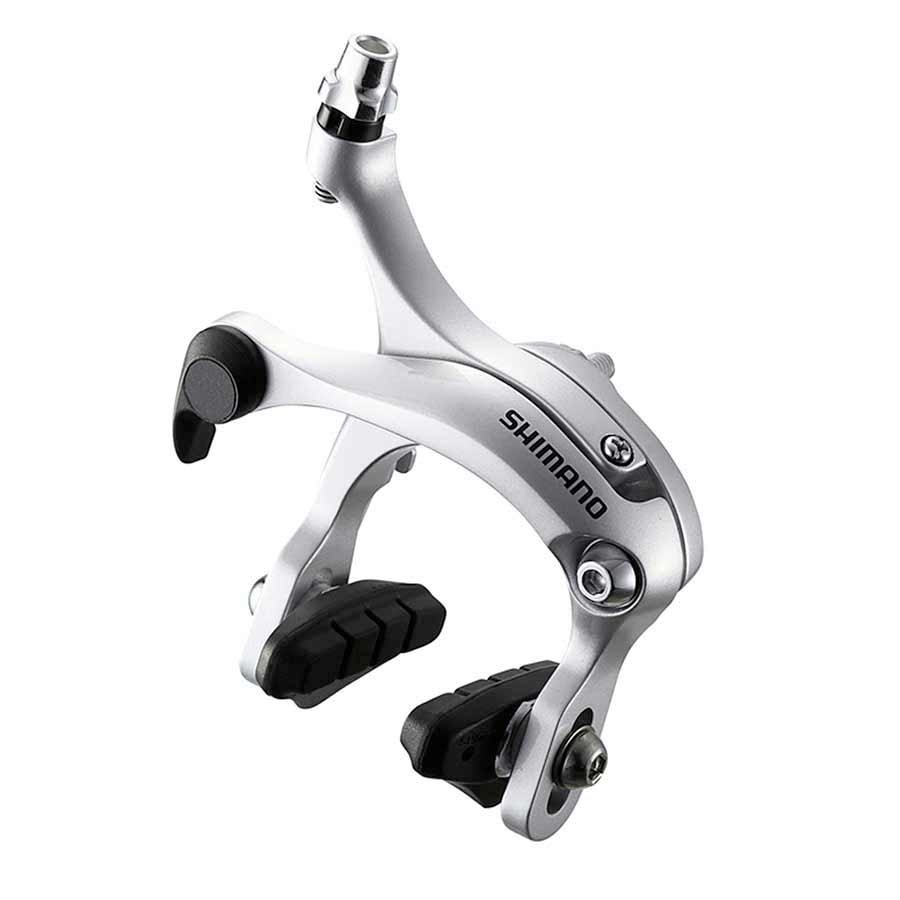 Shimano BR-R450 front road caliper brakes with long reach 57mm in silver, designed for road bike braking performance.