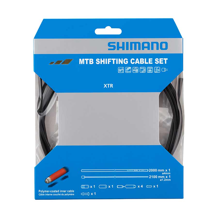 Shimano MTB 1x shift cable set with stainless steel cables and black housing, 2000mm length, for mountain bike gear shifting.