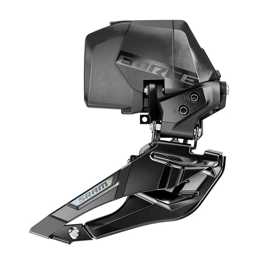 SRAM Force AXS E1 front derailleur for road bikes, 12-speed braze-on design, mounted on a bicycle frame.