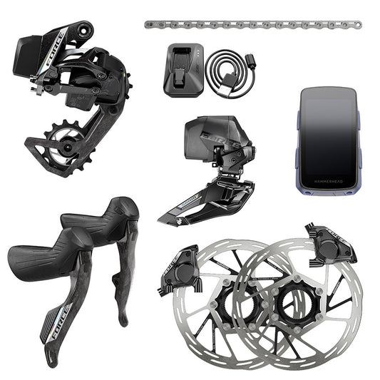 SRAM Force AXS E1 road bike shifters and electronic drivetrain with Karoo kit, featuring sleek black design and integrated controls.