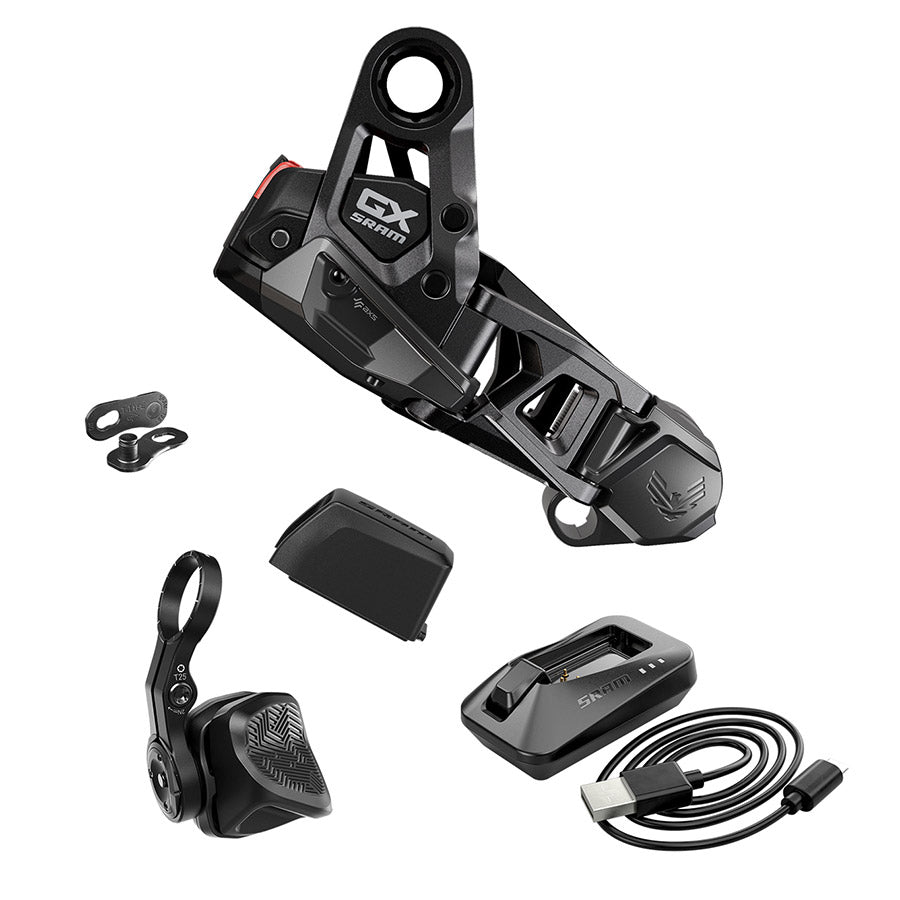 SRAM GX electronic upgrade kit with components for bike drivetrain upgrade, including electronic shifters and related parts.