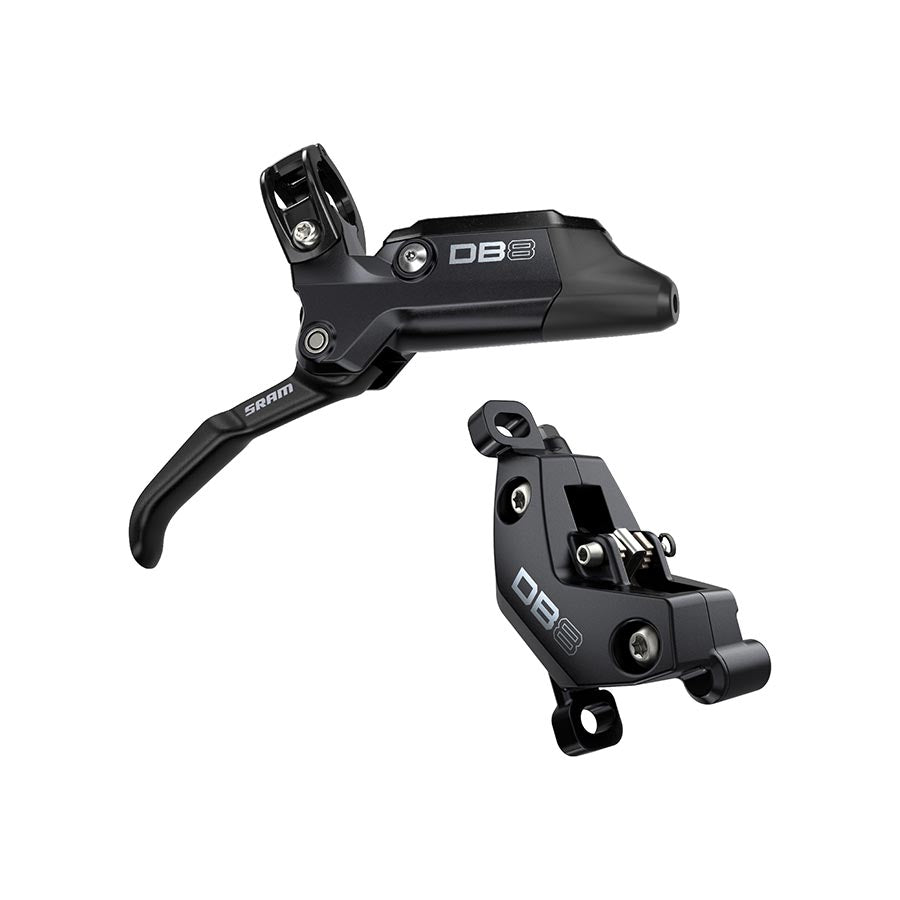 SRAM DB8 MTB hydraulic disc brake for front post-mount, black finish, designed for mountain biking, disc not included.