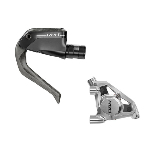 SRAM Red E1 Aero road hydraulic disc brakes front flat mount in black, featuring sleek design and high-performance braking components.