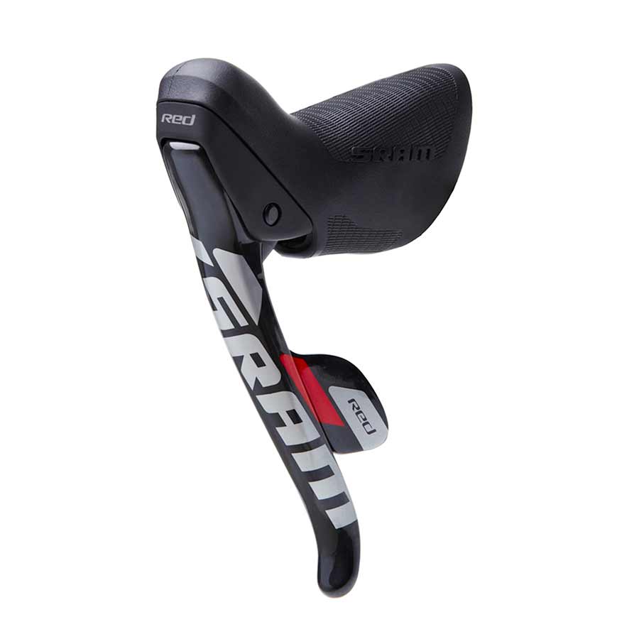 Red SRAM 2012 road shifter-brake lever for 10-speed rear derailleur, lightweight and ergonomic design.