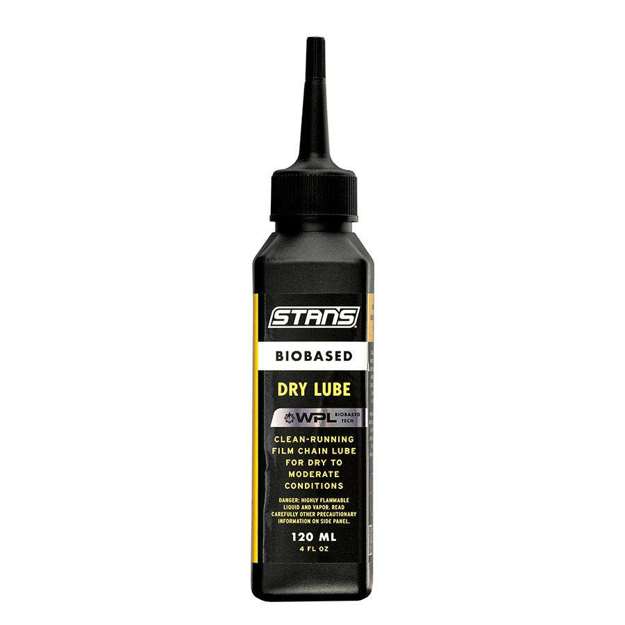 Stans No Tubes BioBased Dry Chain Lube lubricant in a 120ml bottle, designed for bicycle chains and dry conditions.