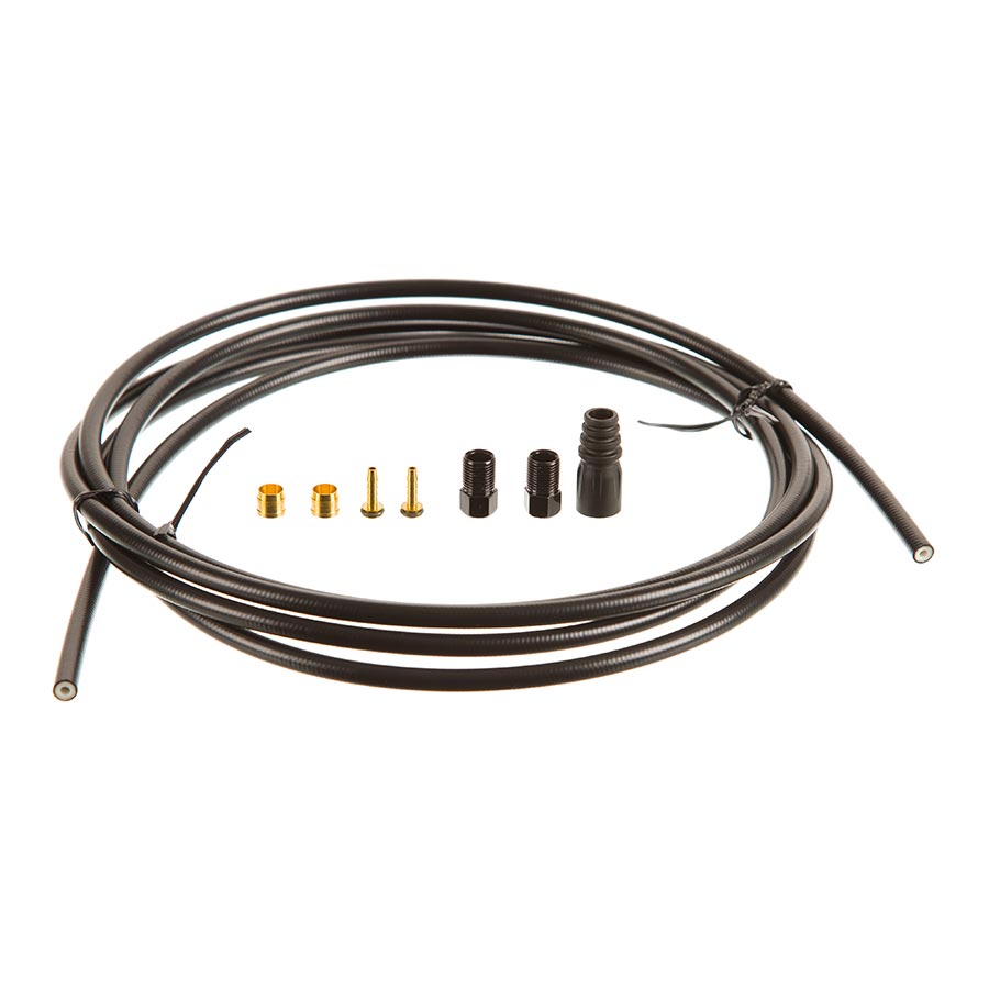 Tektro hydraulic hose kit with connecting bolt, black hoses, 5.5mm diameter, 2000mm length, for bicycle brake and derailleur systems.