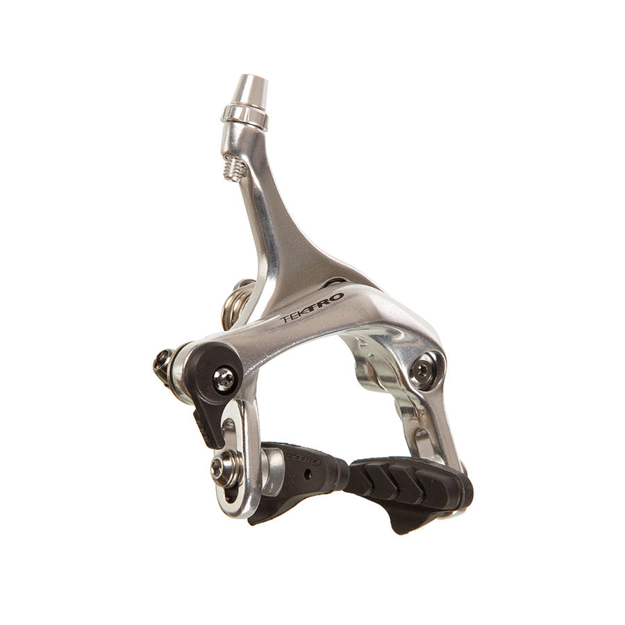 Tektro R315 road caliper brakes, front reach 41-57mm, black, lightweight 192g, mounted on a bicycle for road cycling.
