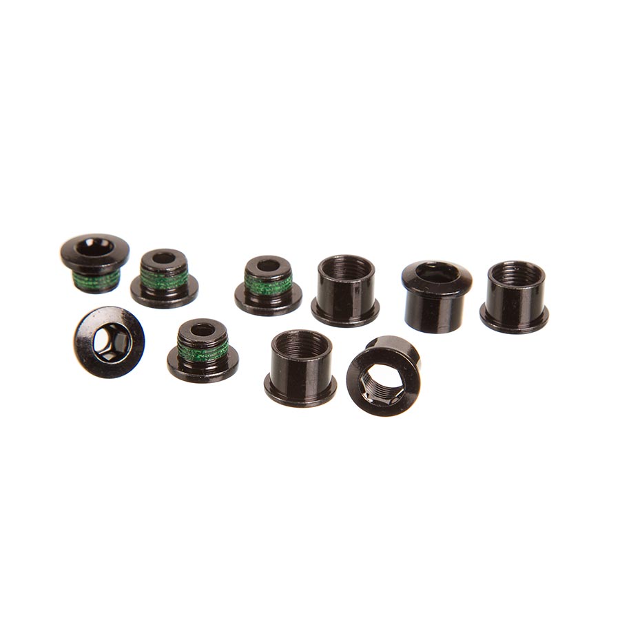 Truvativ chainring bolt kit with five black aluminum hardware pieces for bicycle chainring installation.