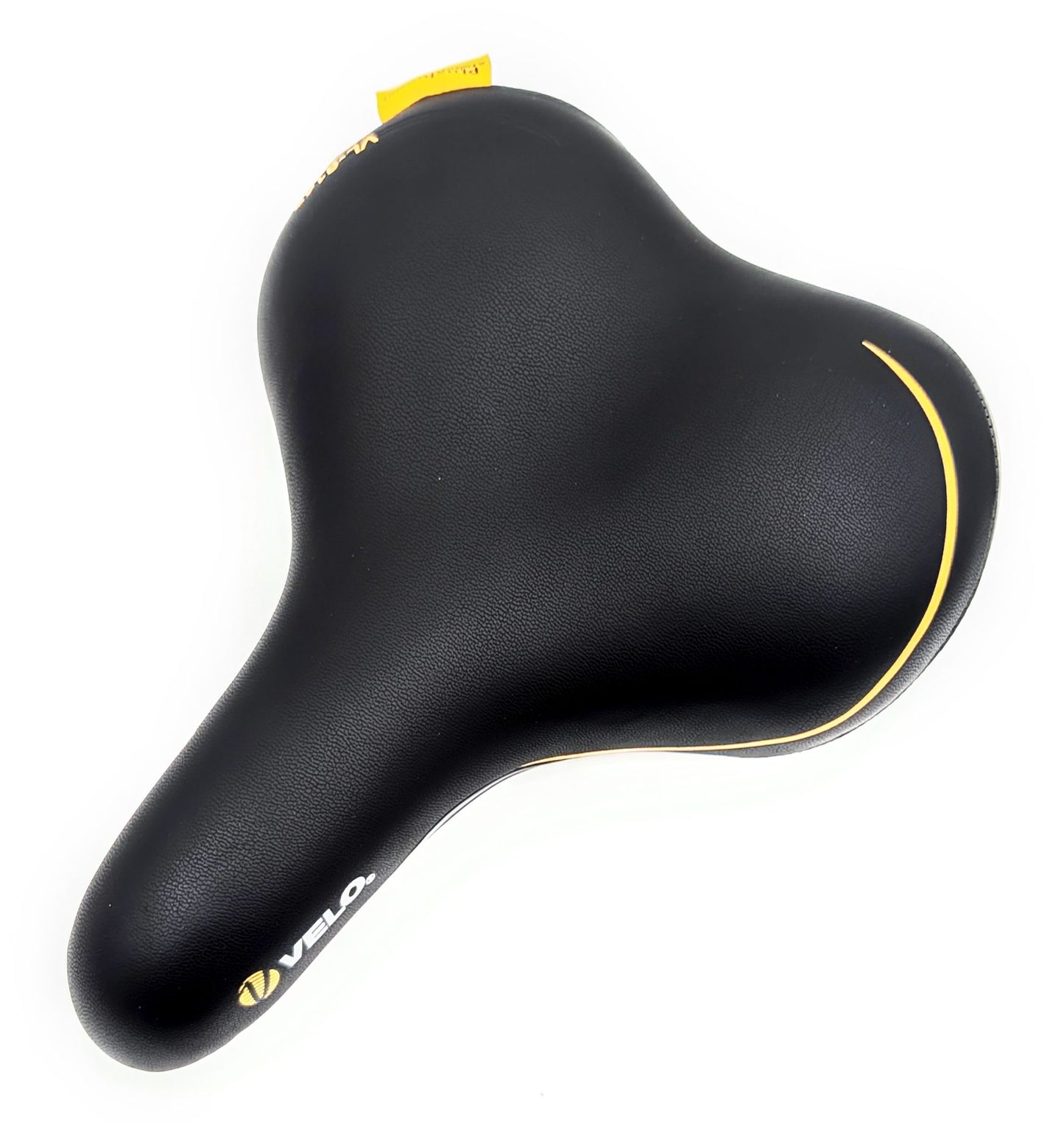 Velo Plush Saddle showcasing a comfortable, padded saddle with a sleek design, dimensions 278mm x 150mm, suitable for cycling.