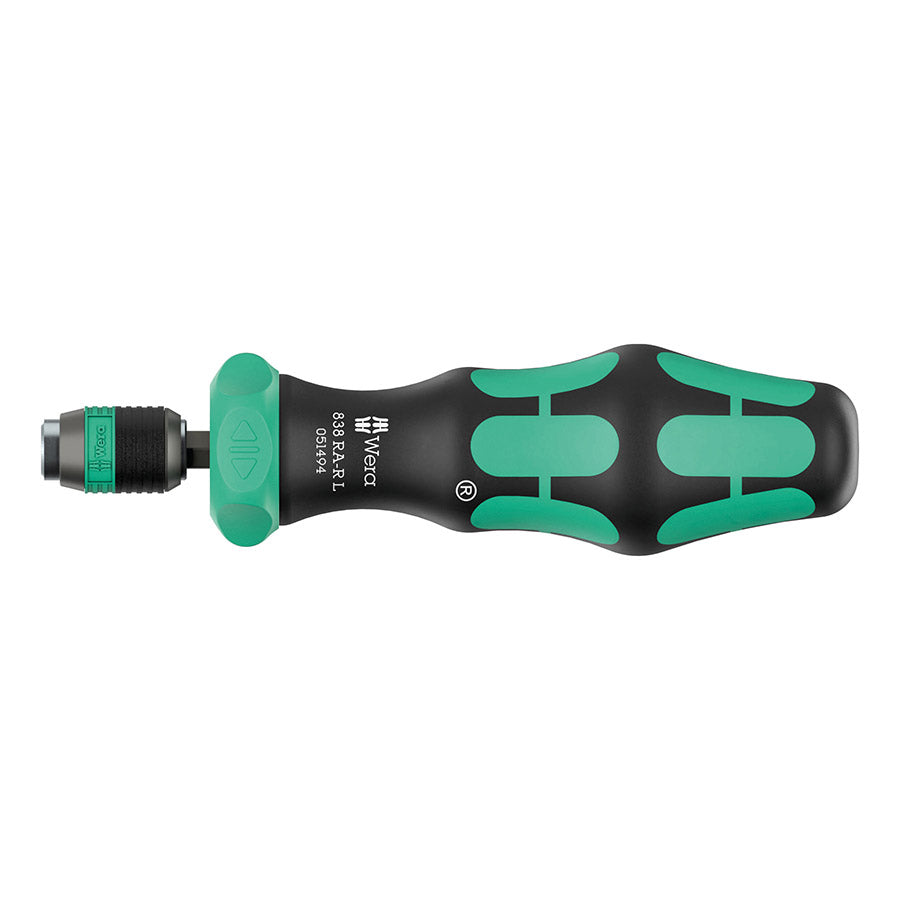 Wera 838 RA-R L ratchet screwdriver for general shop tools, featuring ergonomic handle and 1/4 inch drive for versatile use