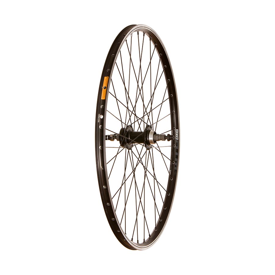 WD DX18 QR rim and disc wheel for 700C/29" bikes, front view showing 36 spokes, 6-bolt disc mount, and quick-release skewer