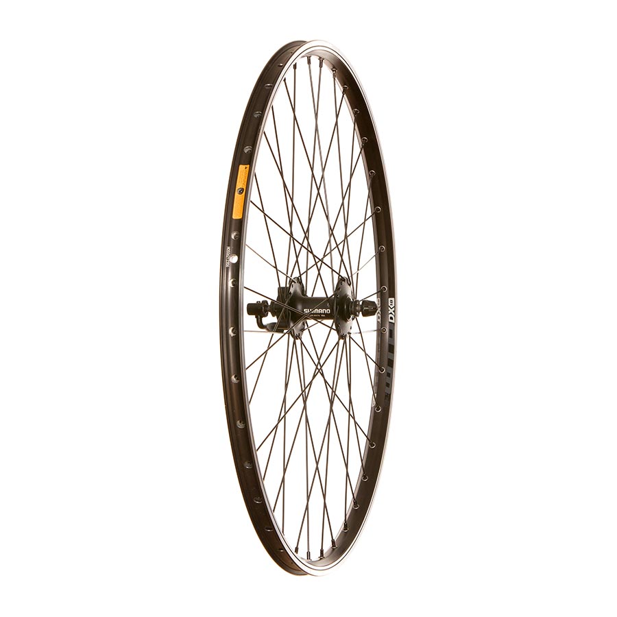 Front wheel with Shimano HB-M475 hub and WTB DX18 rim, 26-inch size, disc brake compatible, quick release, 36 spokes.