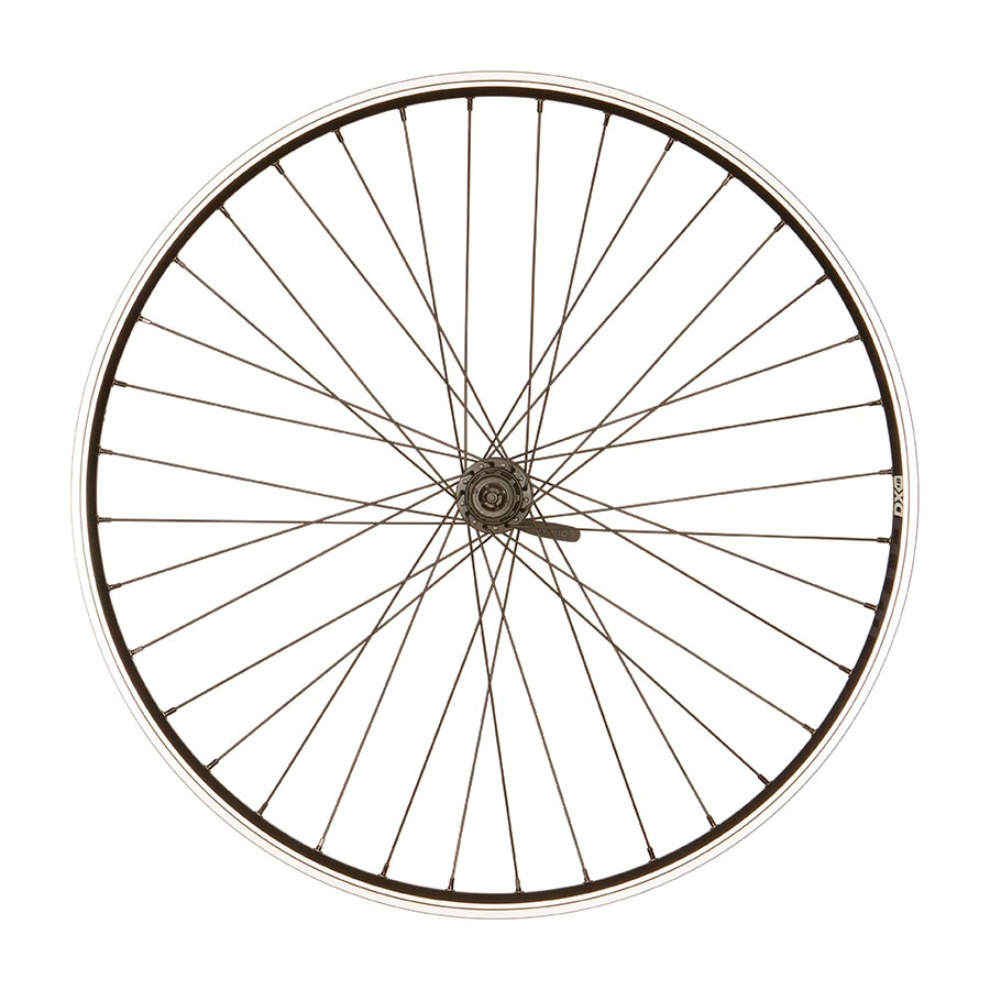 WTB DX18 27.5-inch front wheel with Shimano QC300 hub, 36 spokes, quick-release, disc brake compatibility, black rim