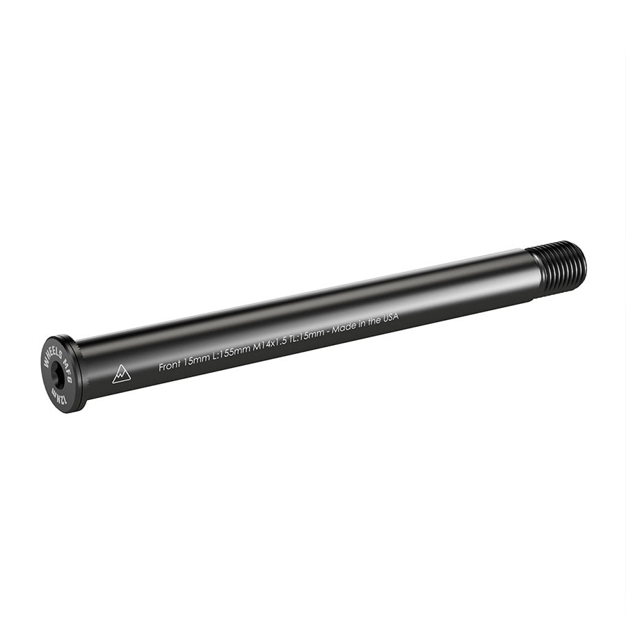 Wheels Manufacturing front 15mm thru axle with 125mm thread length and M15x1.50 thread pitch, designed for bicycle wheel compatibility.