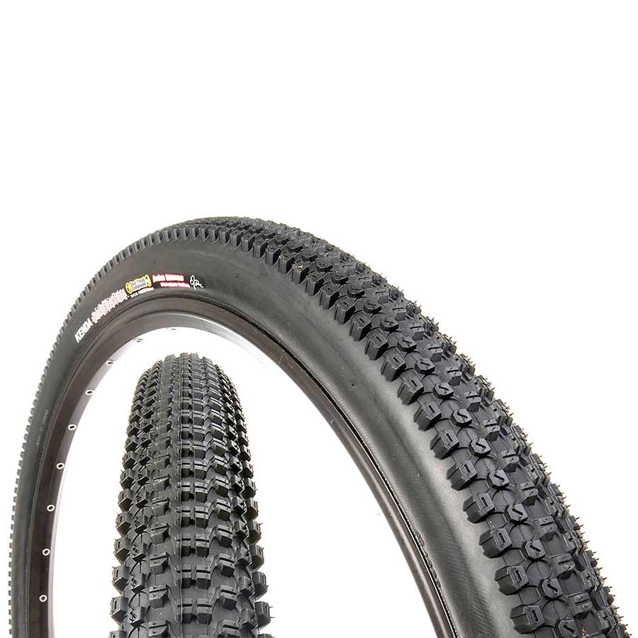 Kenda Small Block 8 mountain bike tire with knobby tread for off-road cycling, close-up view of the tire's tread pattern.
