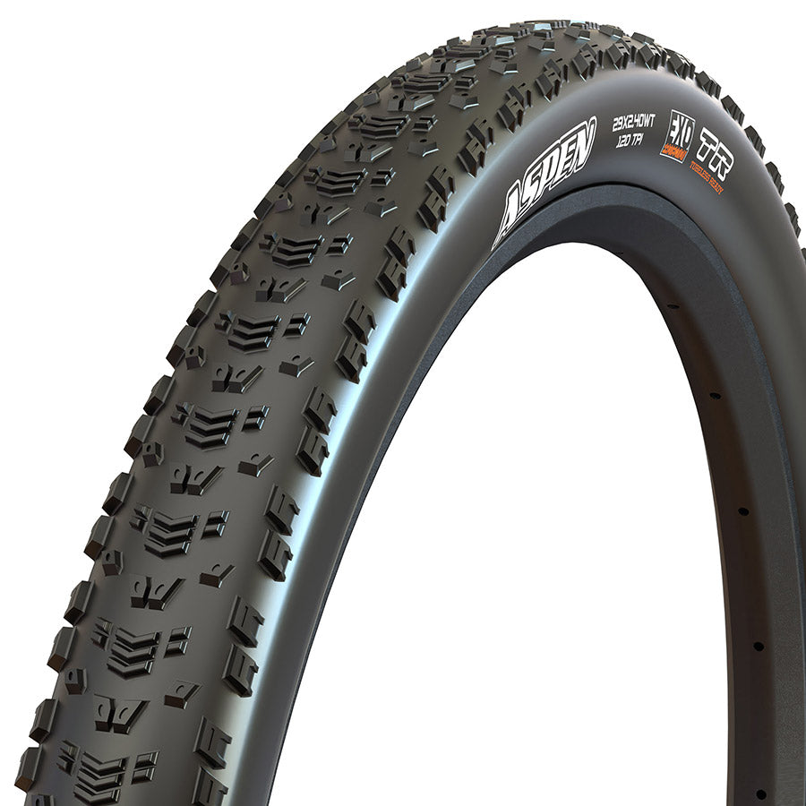 Maxxis Aspen mountain tires with rugged tread pattern for off-road mountain biking, shown from a side view.