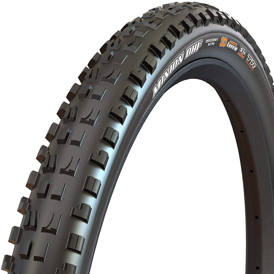 Maxxis Minion DHF mountain bike tire mounted on wheel, rugged tread pattern for aggressive trail riding and off-road performance.