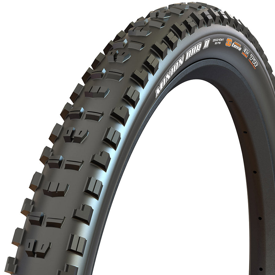 Maxxis Minion DHR2 mountain tire showing knobby tread pattern and sidewall design for aggressive off-road riding.