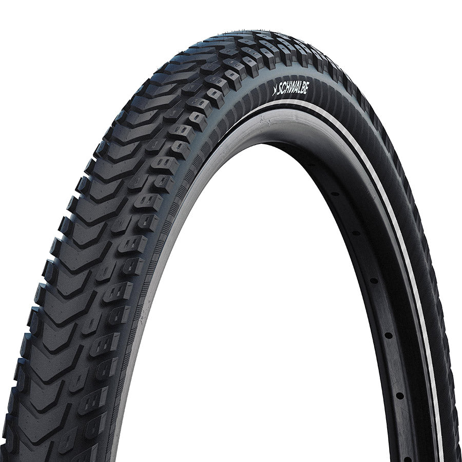 Schwalbe Marathon Mondial hybrid bike tire with tread pattern, mounted on a wheel for versatile road and off-road cycling.