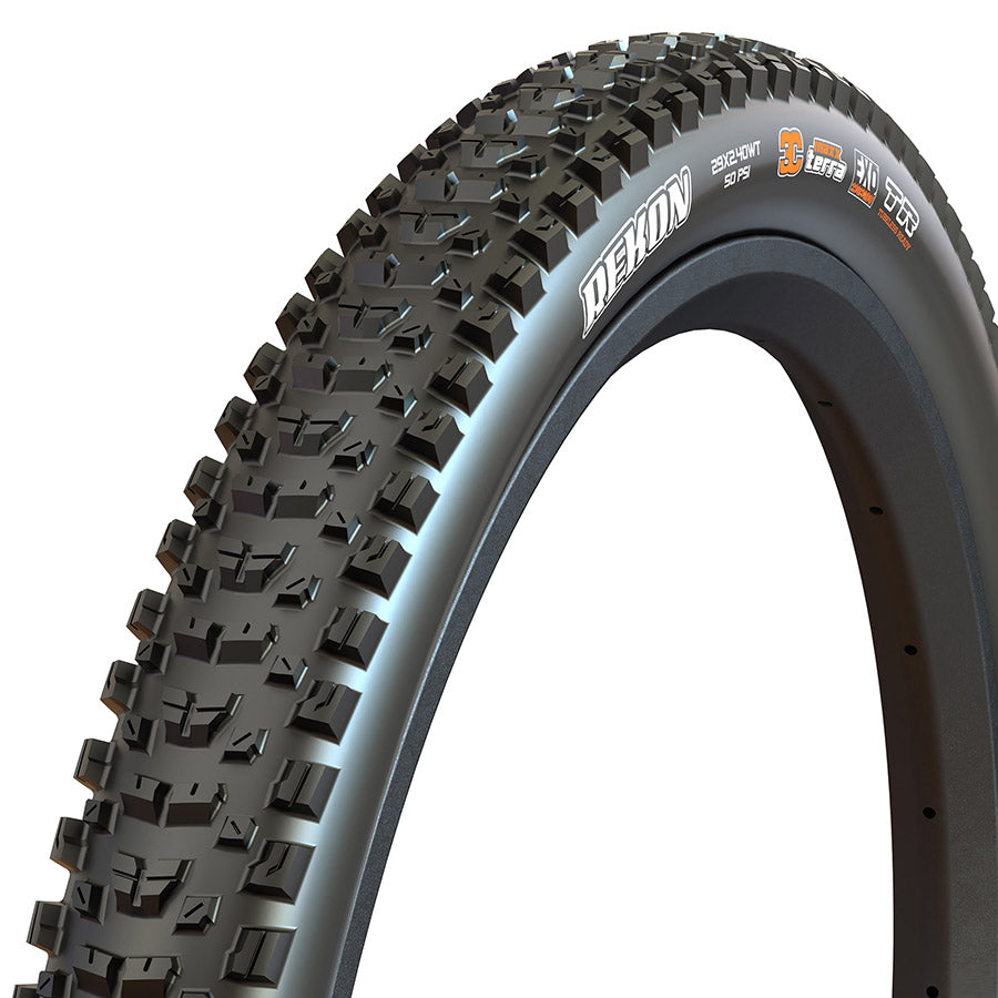 Maxxis Rekon+ mountain bike tires with knobby tread pattern, designed for off-road cycling and trail riding.